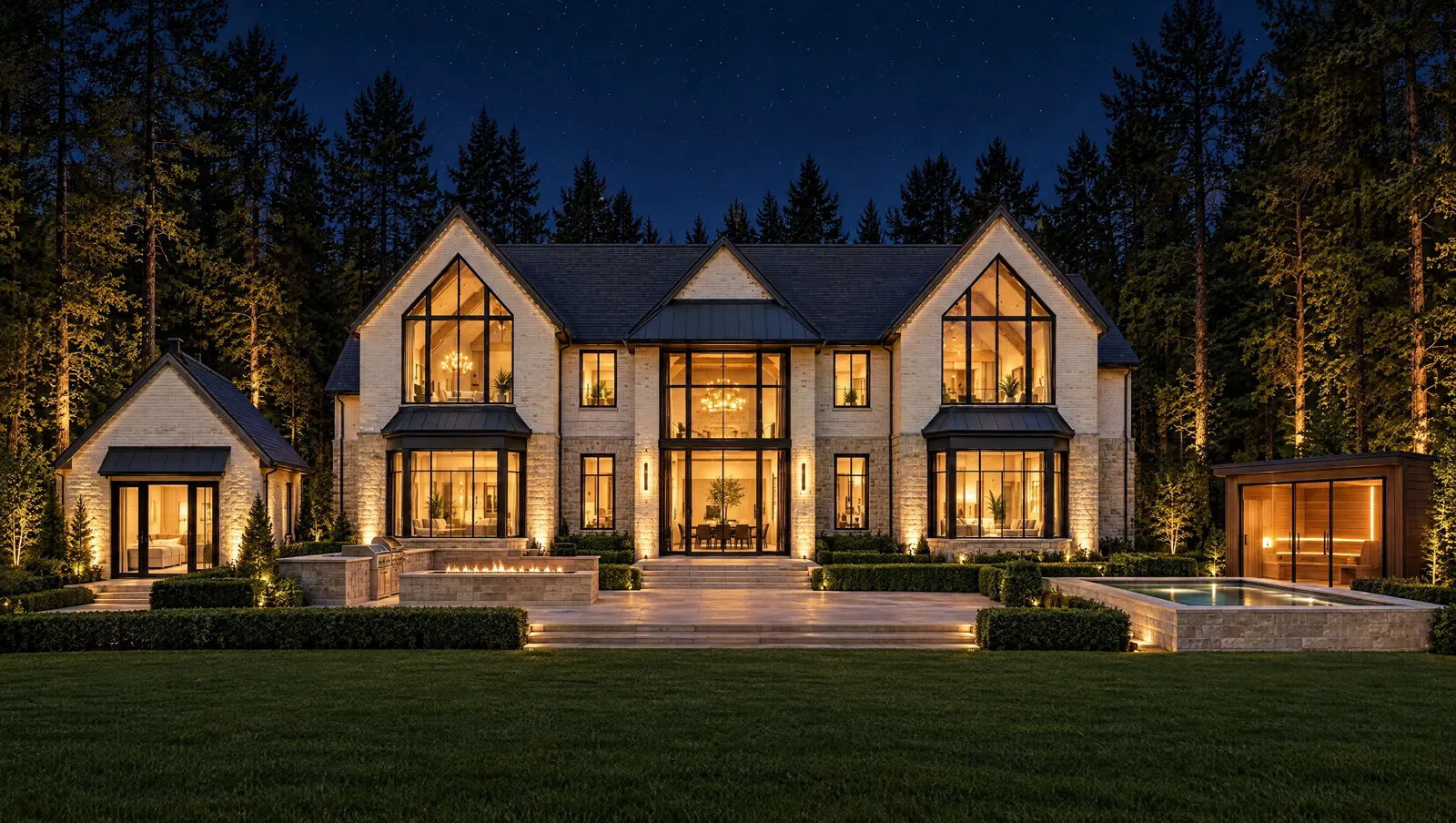Backyard with a natural stone terrace, cedar sauna, cold plunge and a garden suite
