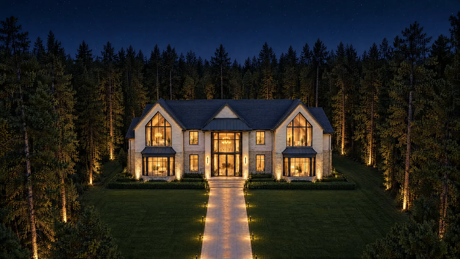 Aerial view of a custom home on a wooded lot with a straight lit walkway