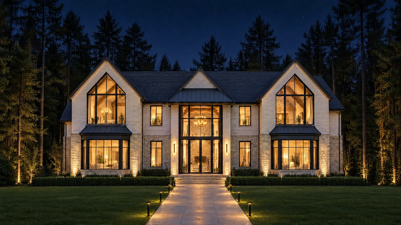 Transitional custom home with a stone base, limewashed brick and black steel windows, lit at night