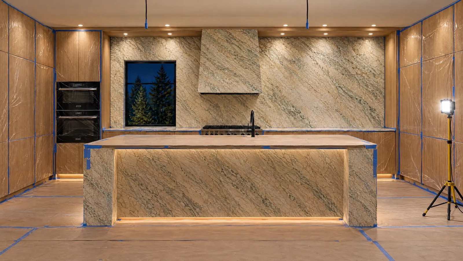 Kitchen cabinets and stone installed and covered with protective film