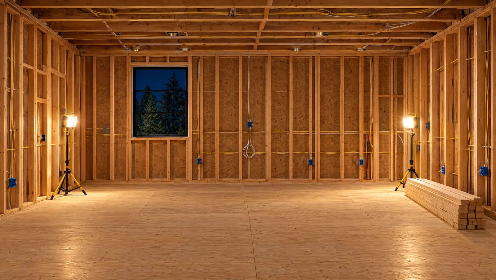 Room opened to the studs during a renovation, with new wiring and work lights