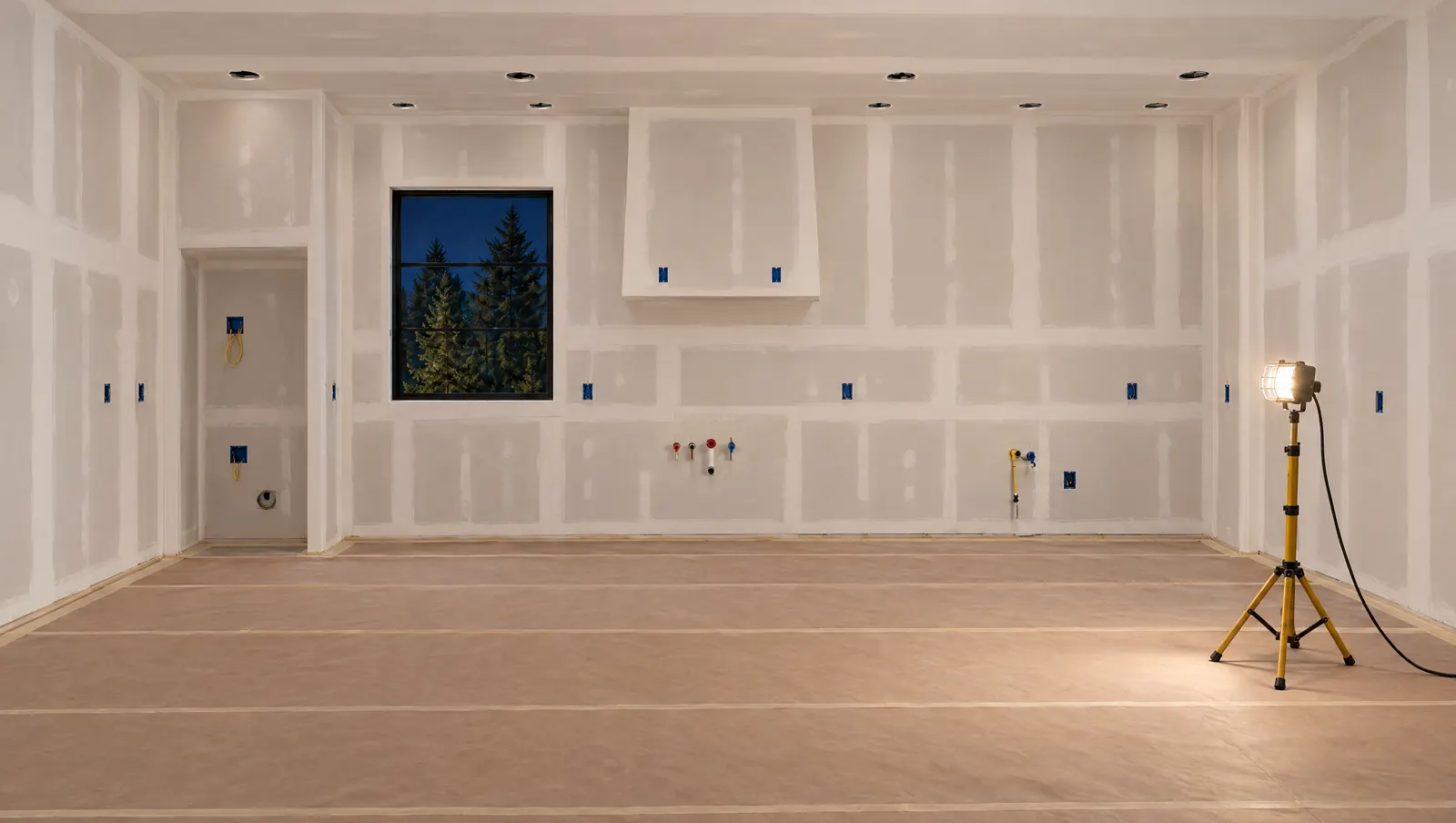 Kitchen at the rough-in stage with taped drywall and capped plumbing