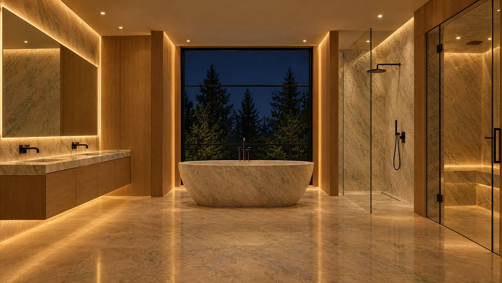 Spa ensuite with a curbless glass shower, floating oak vanity and freestanding stone tub